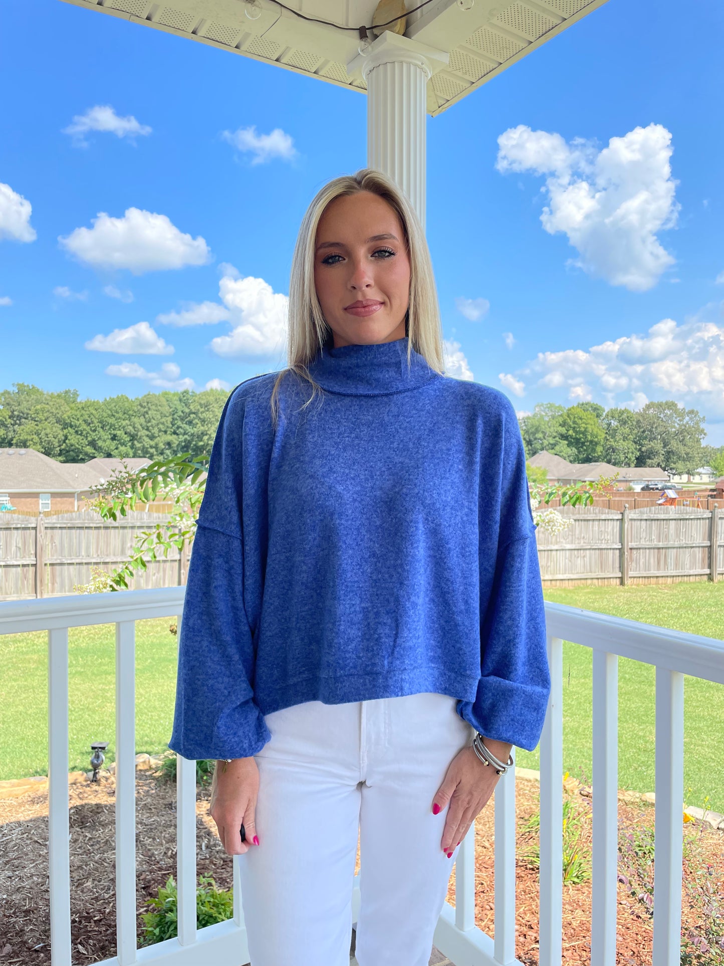 Mock Neck Crop Sweater- Blue