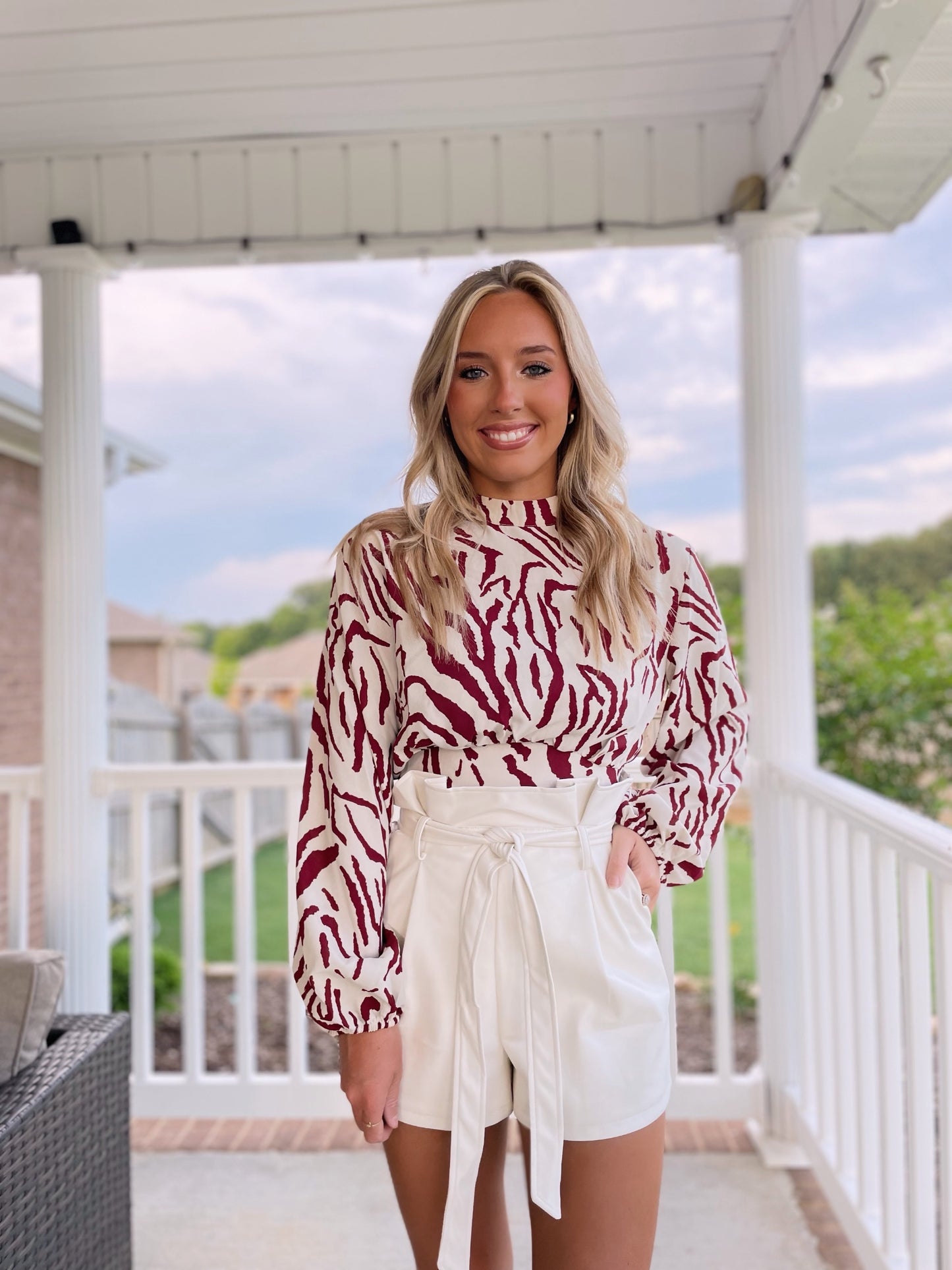 Animal Print Blouse- Taupe/Burgundy