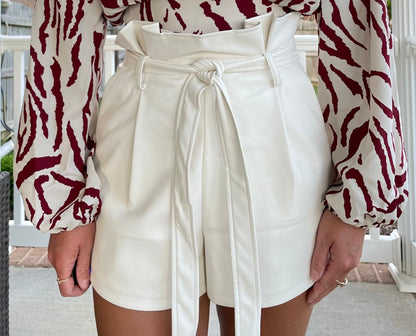 Faux Leather Shorts- Cream