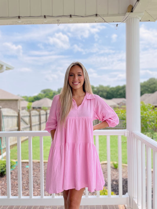 Cotton Shirt Dress- Pink