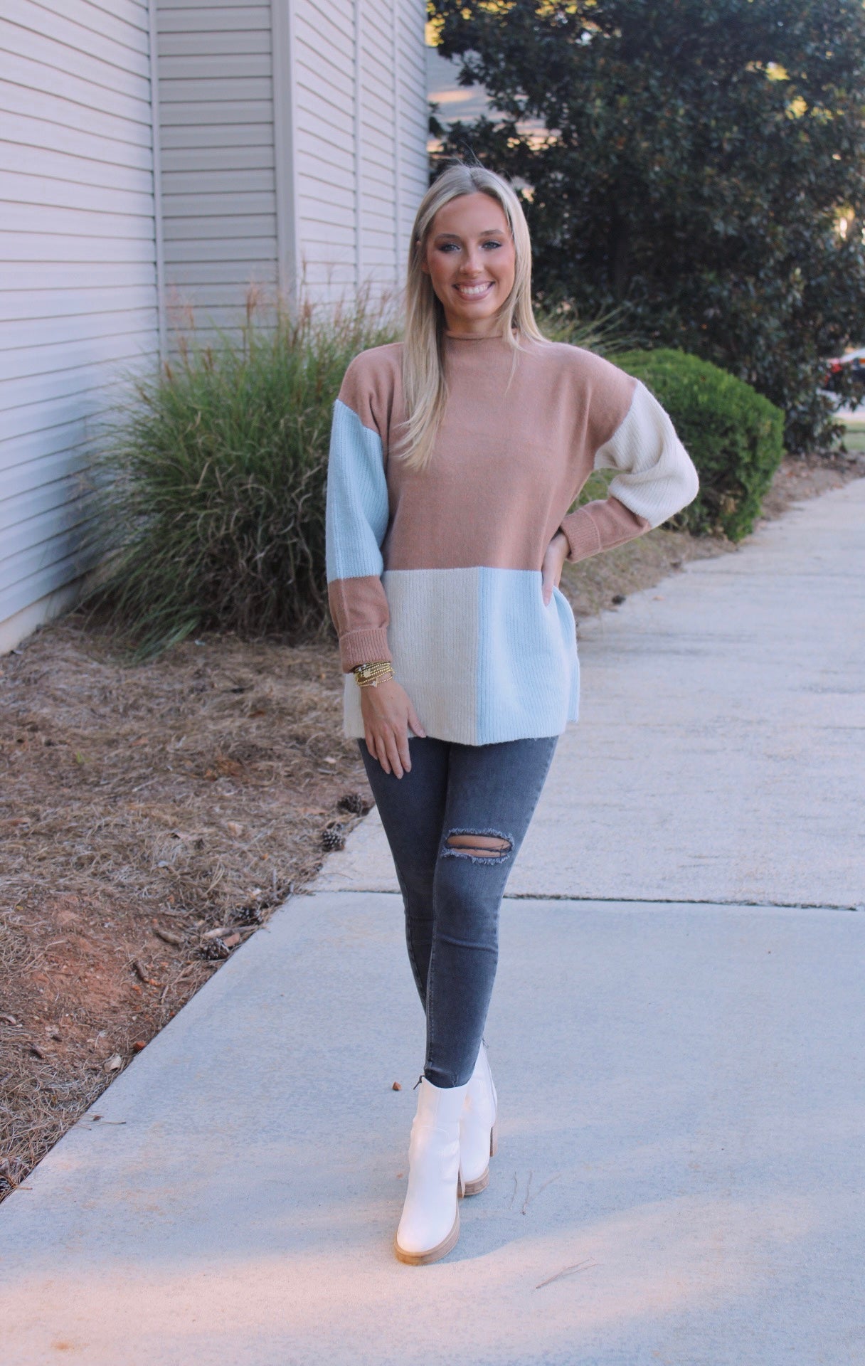 Colorblock Sweater- Caramel/Blue