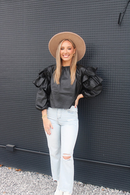 Leather Ruffle Top- Black