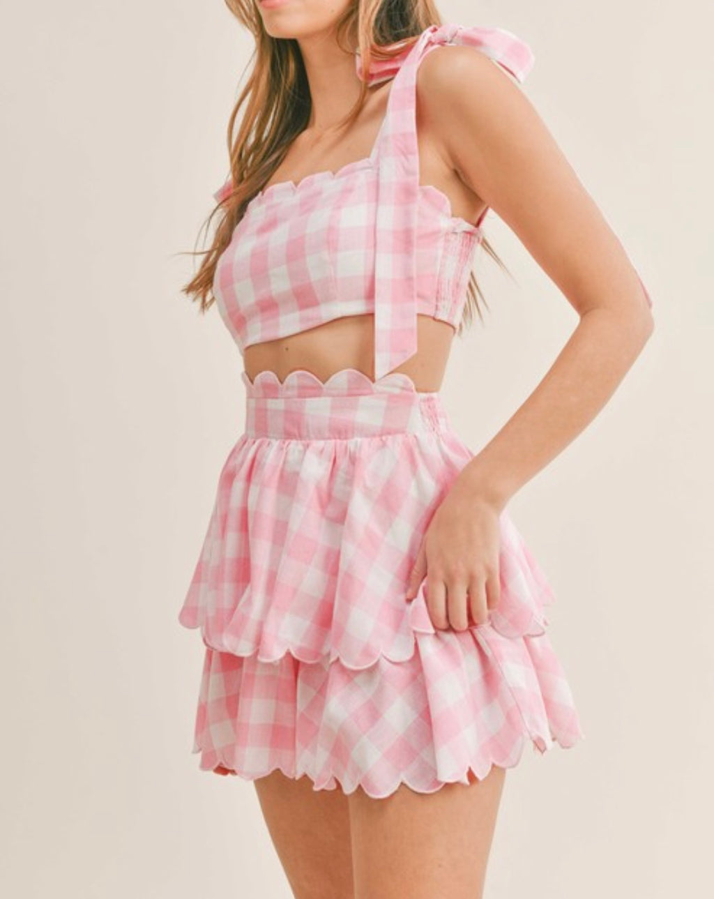 Scalloped Gingham Set- Pink