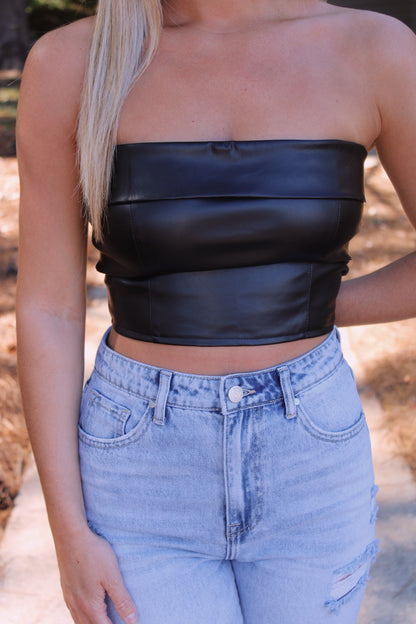 Faux Leather Crop- Black