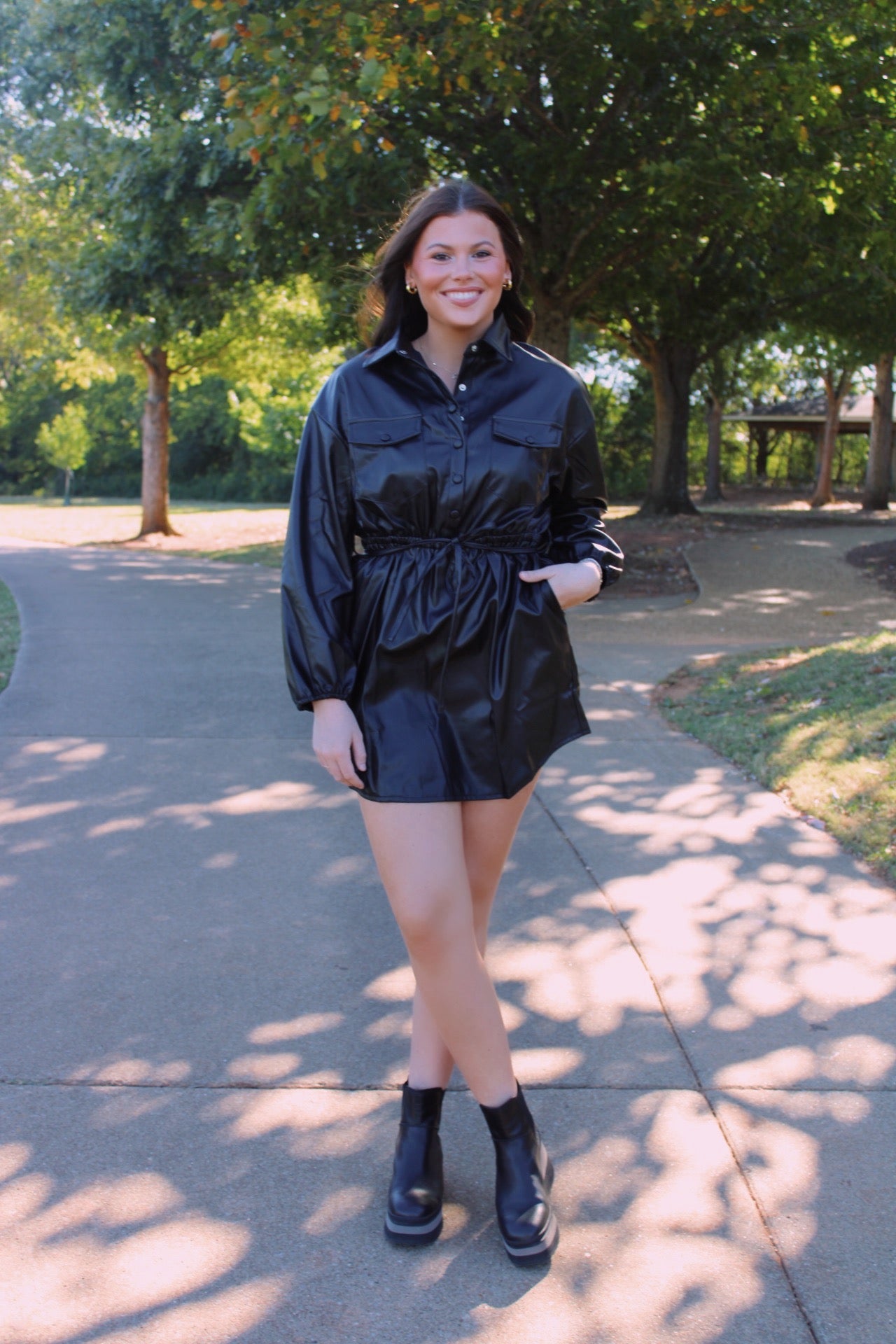 Leather Button Down Dress- Black