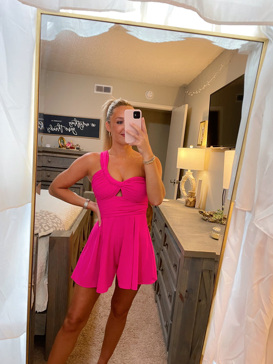 One Shoulder Romper- Hot Pink