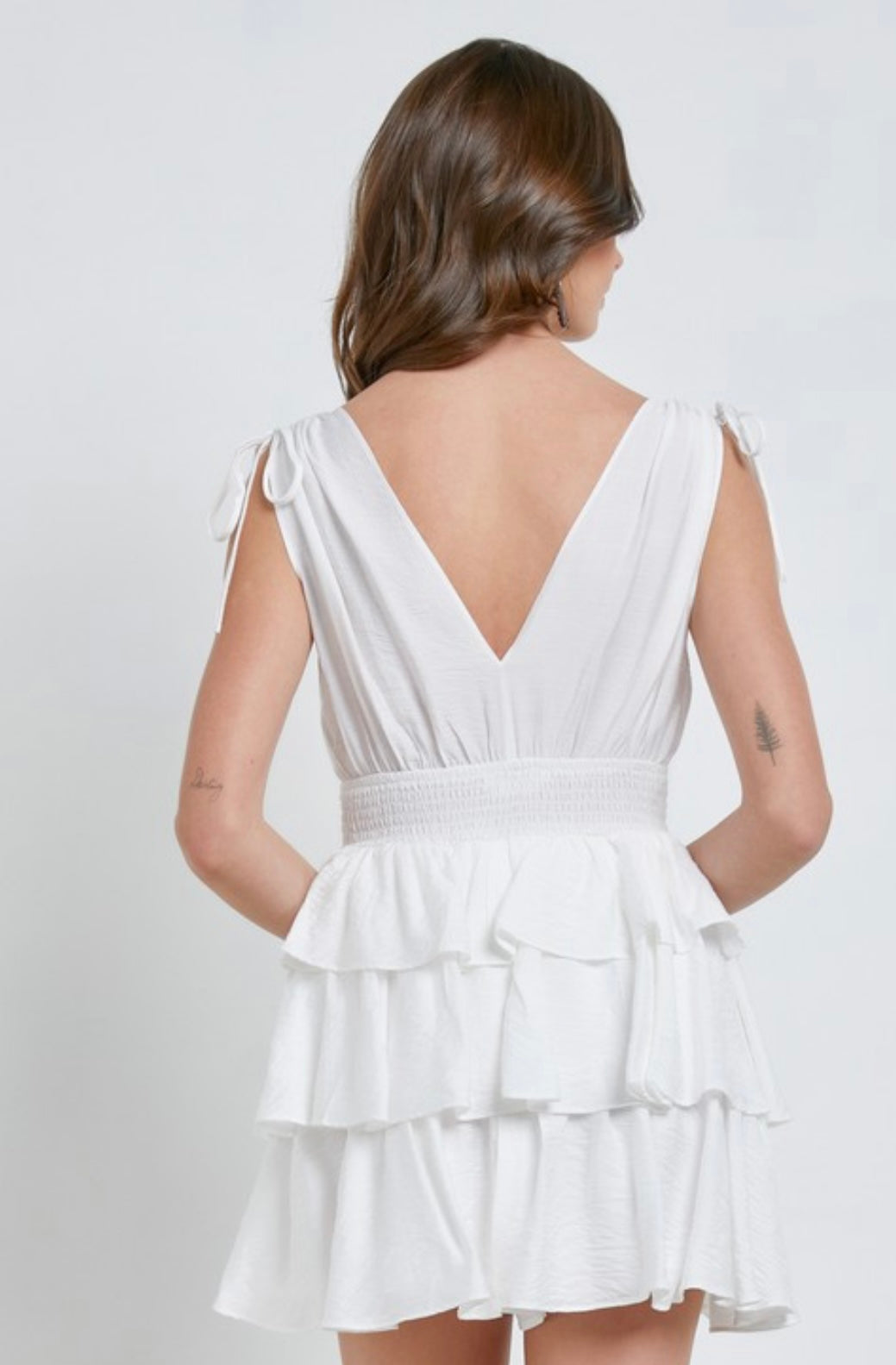 Deep V Ruffle Dress- White