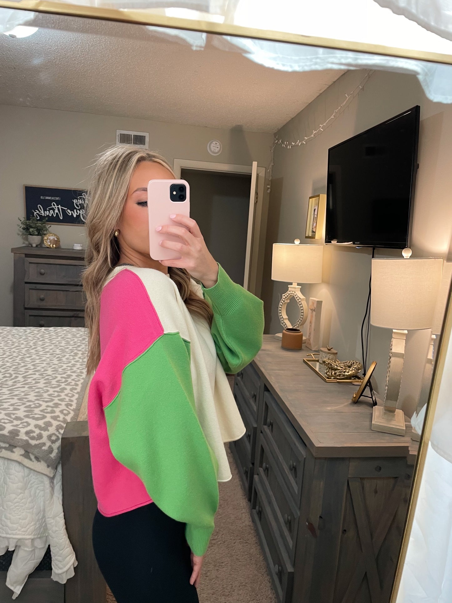 Color Block Pullover- Cream/Lime/Pink