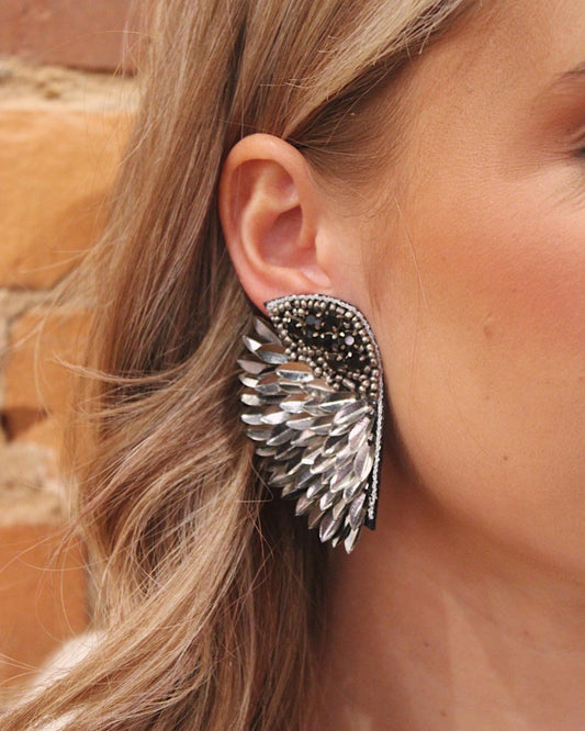 Embellished Wing Earring- Black/Silver