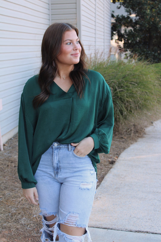 V-Neck Blouse- Hunter Green