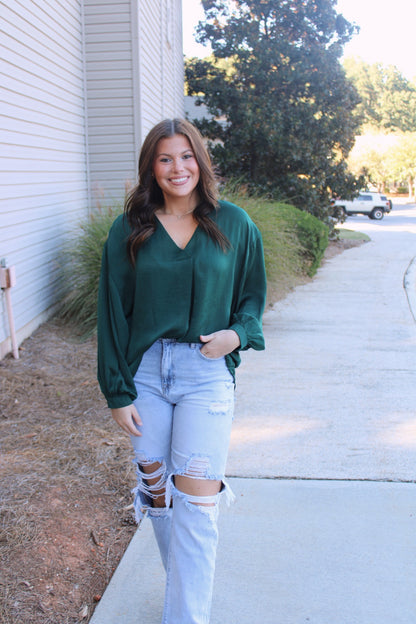 V-Neck Blouse- Hunter Green