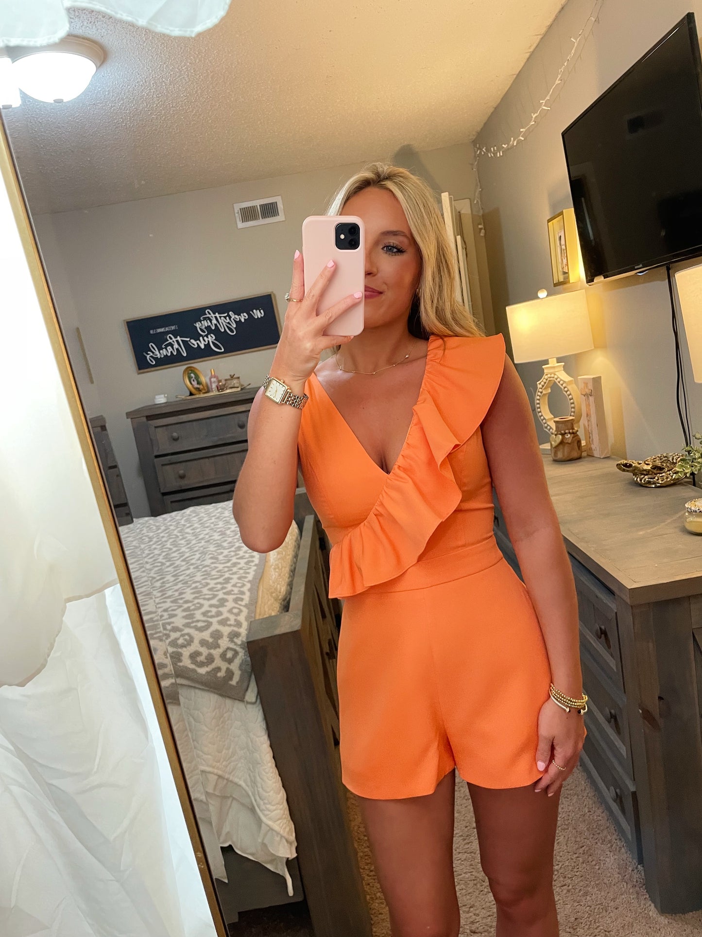 Soft Orange Ruffle Romper