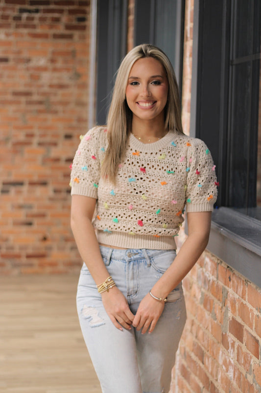 Short Sleeve Sweater Top- Taupe