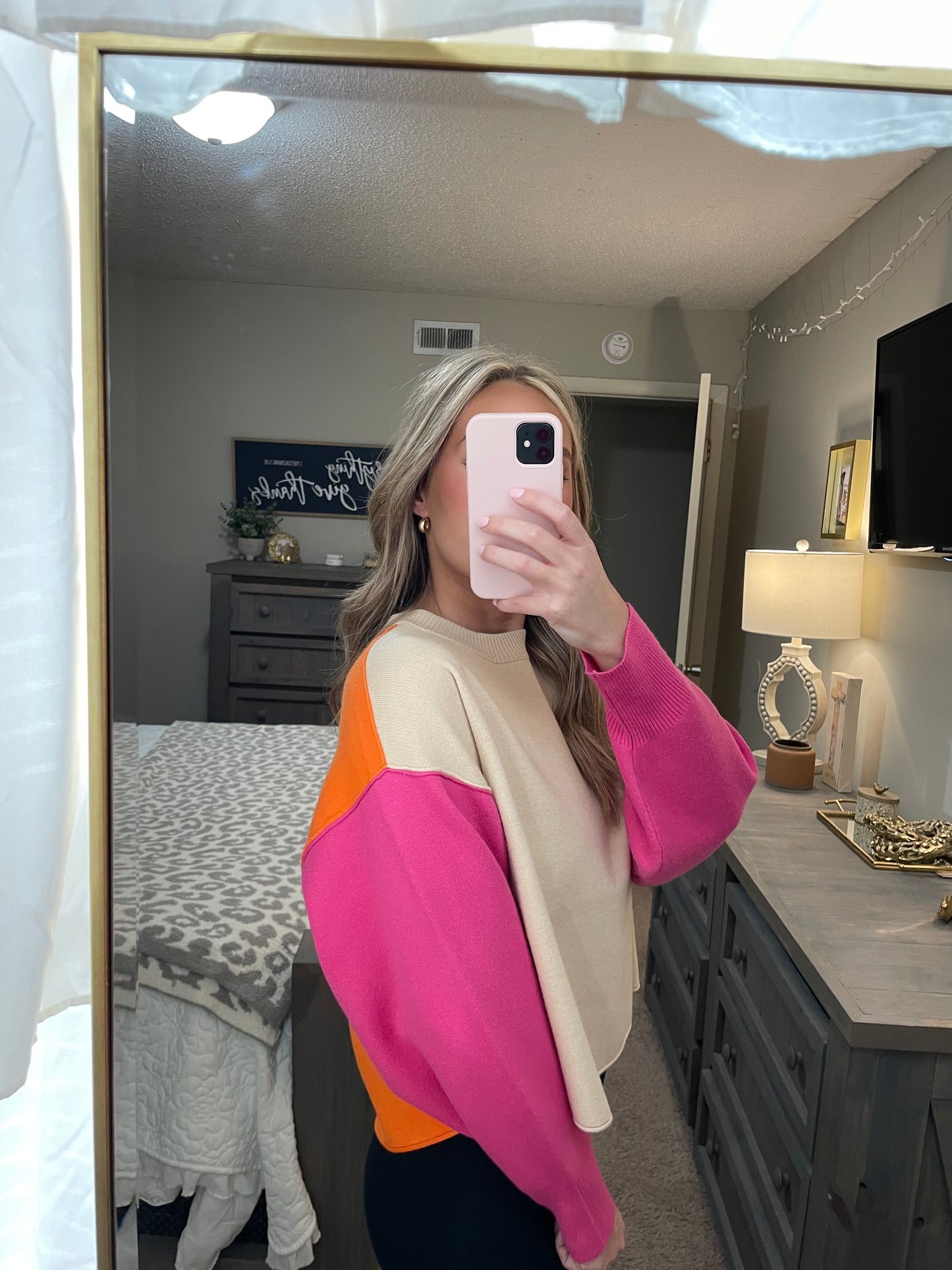 Color Block Pullover- Beige/Pink/Orange