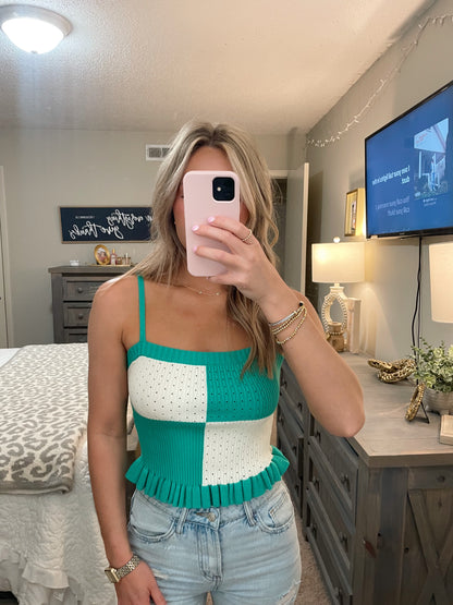Knit Color Block Top- Green/Cream