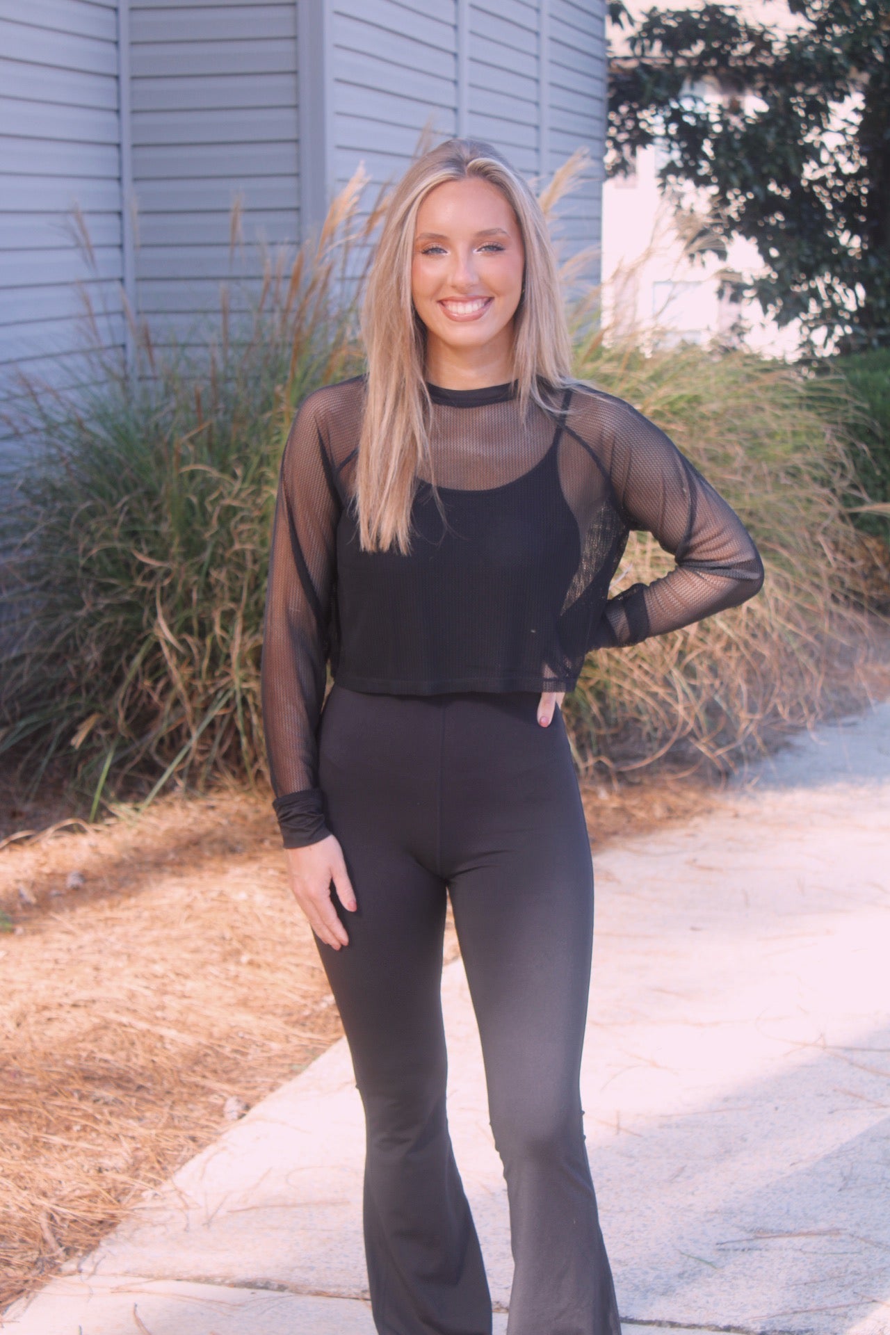 Mesh Cropped Long Sleeve- Black