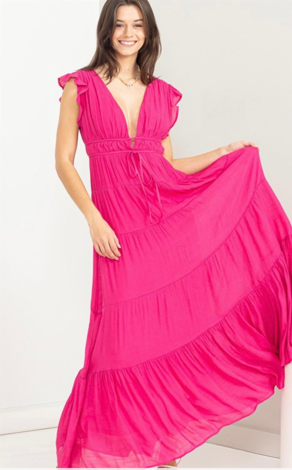 Deep V Neck Maxi- Fuchsia