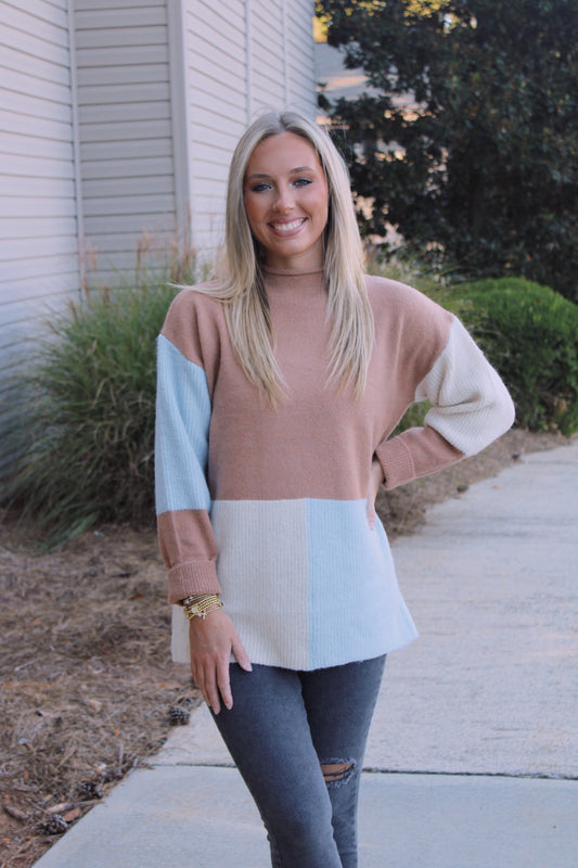 Colorblock Sweater- Caramel/Blue