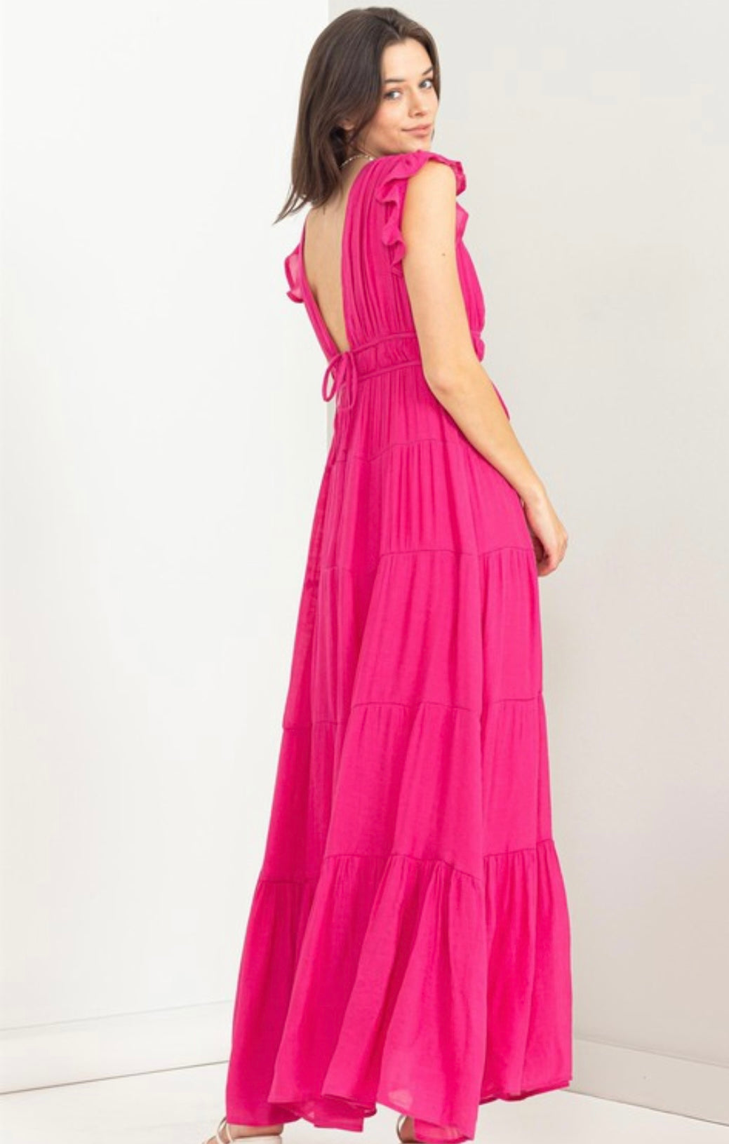 Deep V Neck Maxi- Fuchsia