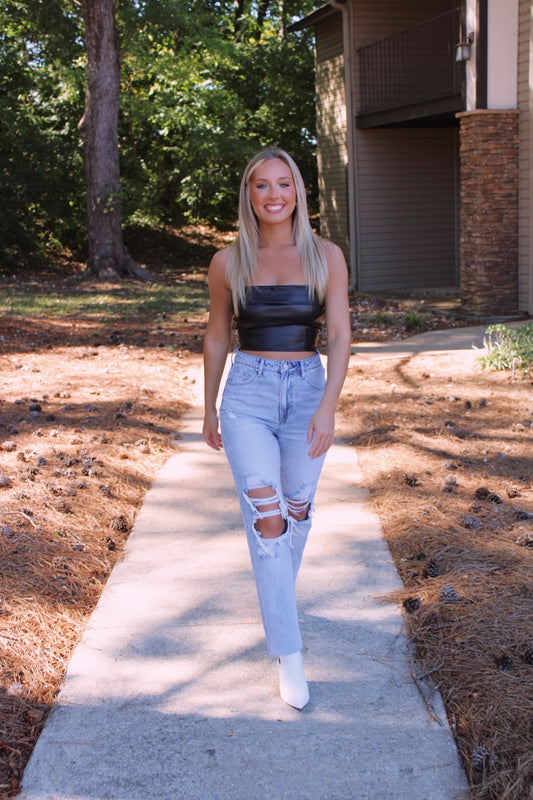 Faux Leather Crop- Black