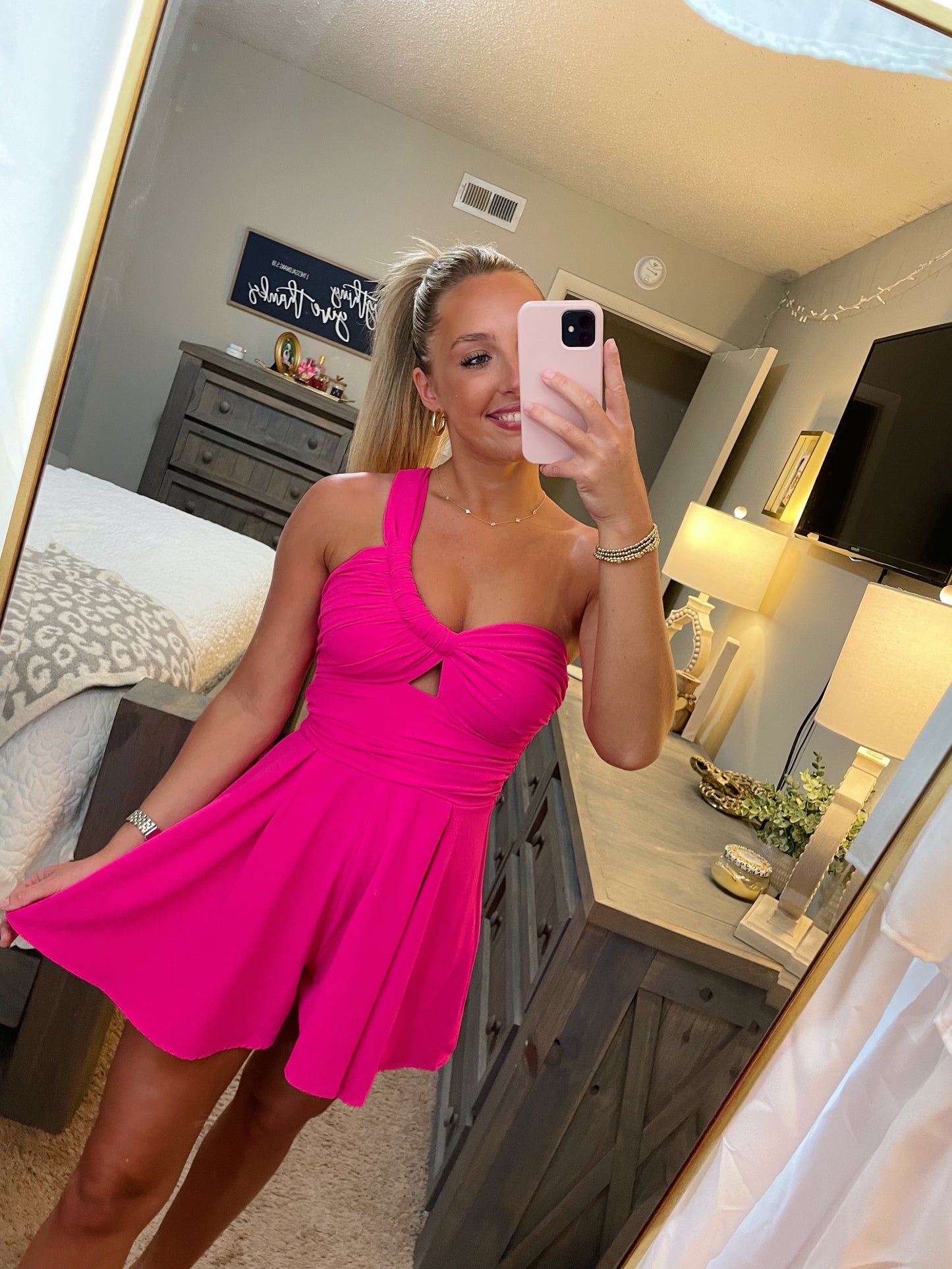 One Shoulder Romper- Hot Pink