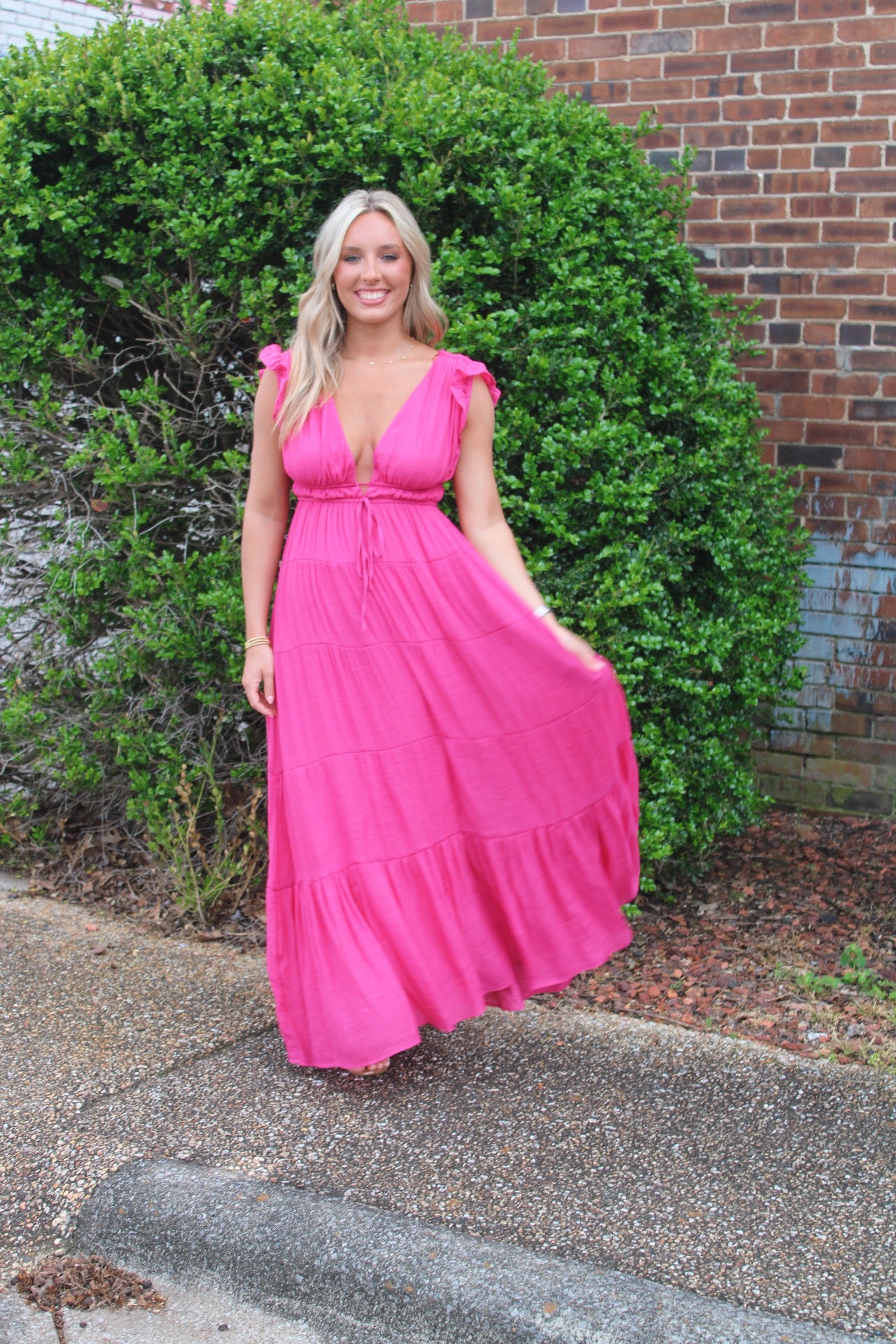 Deep V Neck Maxi- Fuchsia