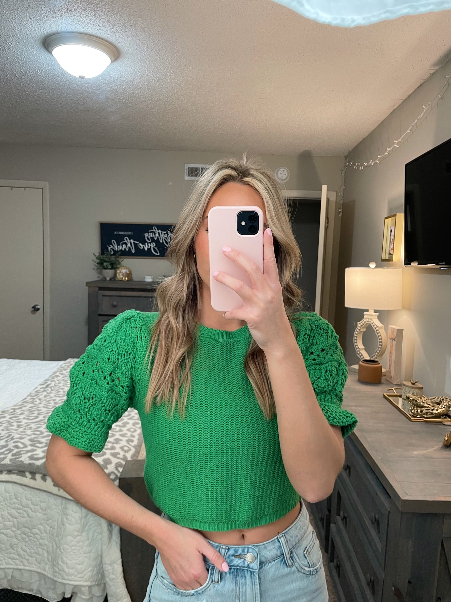 Puff Sleeve Knit Top- Green