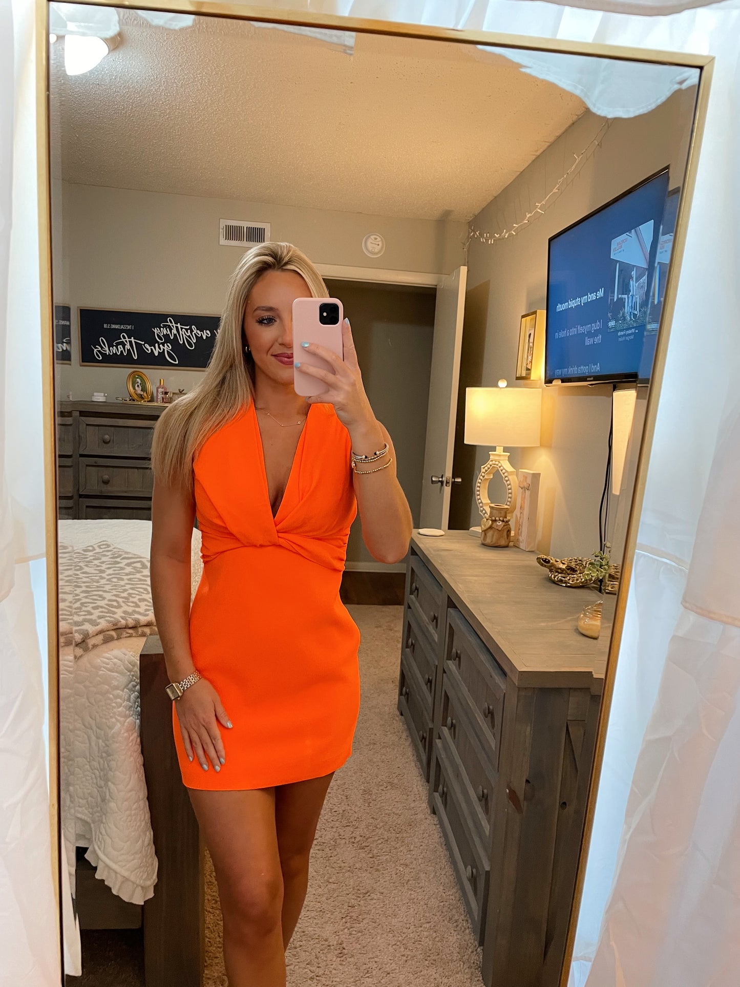 Padded Shoulder Dress- Orange