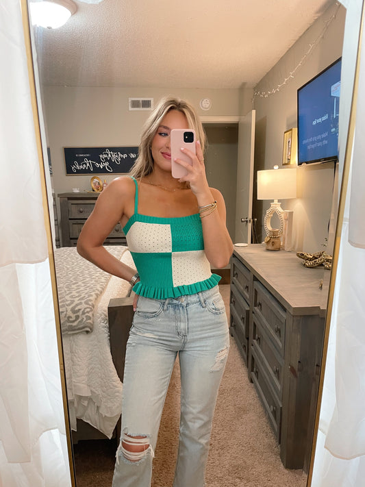 Knit Color Block Top- Green/Cream