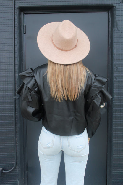 Leather Ruffle Top- Black