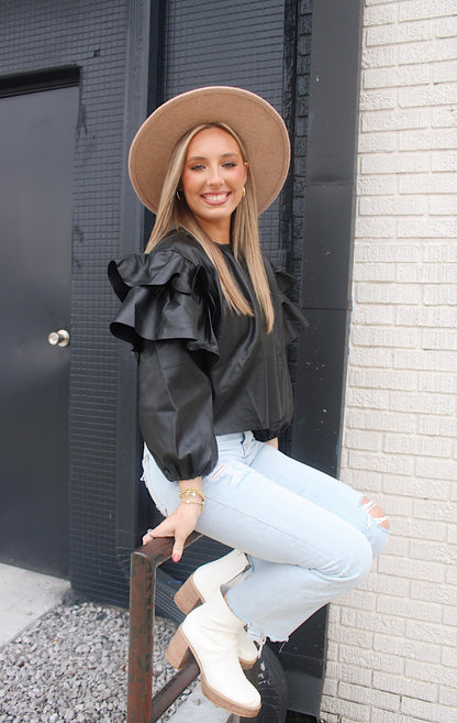 Leather Ruffle Top- Black
