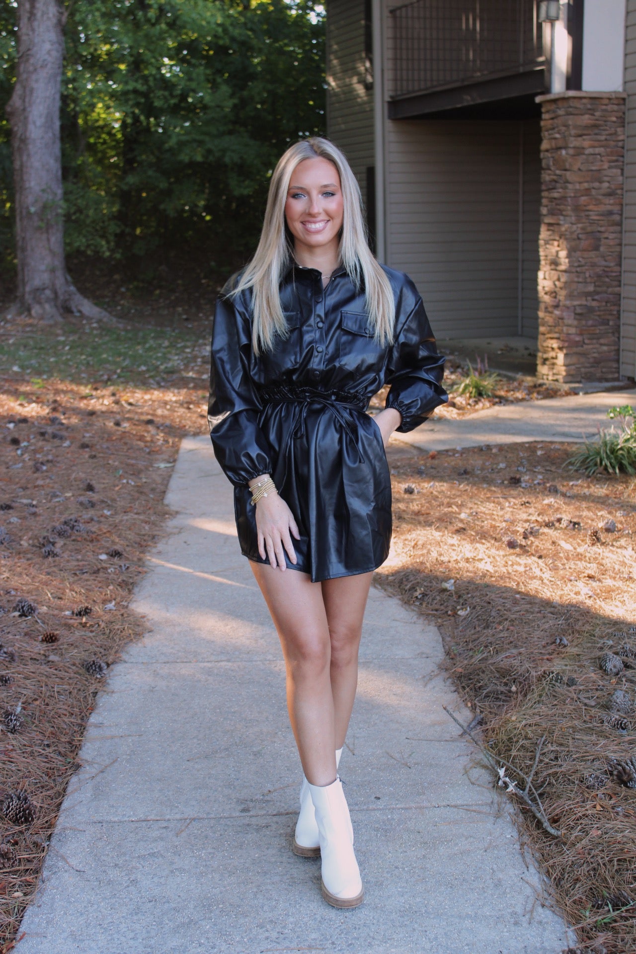 Leather Button Down Dress- Black