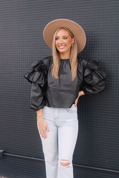 Leather Ruffle Top- Black